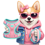 perro con arnes y correa rosa